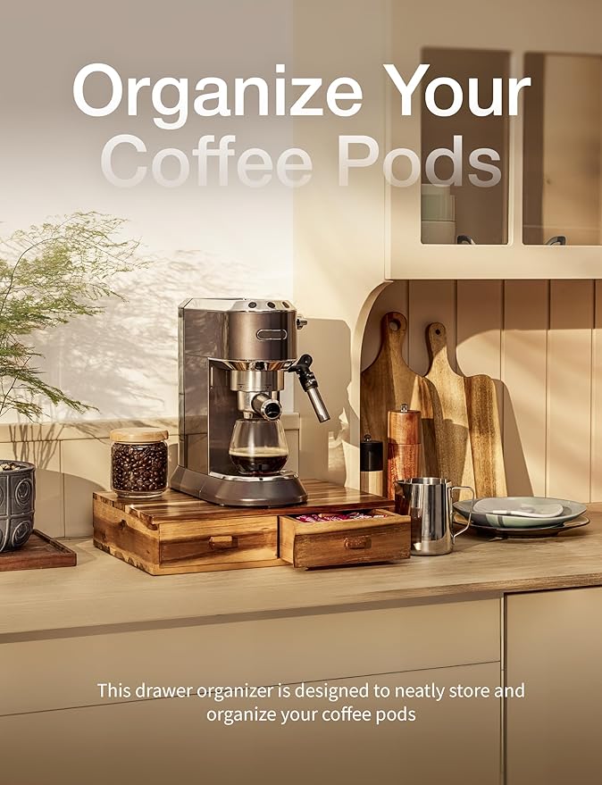 Tinamo Acacia Wood Coffee Pod Storage Box, Coffee Pods and Tea Organizer Holder, K Pod Drawer Coffee Maker Machine Stand, for K-Cup Drawer Organizer Under Brewer (Acacia, 2 drawer)