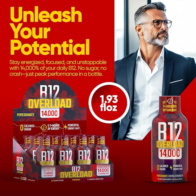B12 Overload Extra Strength Energy Shot – Pomegranate – 260mg Caffeine, 14000% B12, Electrolytes – Energy & Vitality Support – Zero Sugar No Calories – Vegan, Kosher, Gluten-Free – 1.93 fl oz, 48-Pack