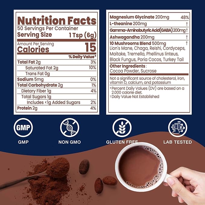 Mushroom Hot Chocolate for Calm, 50 Servings Cocoa Powder | 10 Mushrooms Supplements with Magnesium Glycinate, L-Theanine, Ashwagandha & GABA | Support Focus, Mood & Sleep | Vegan & Keto, Gluten-Free