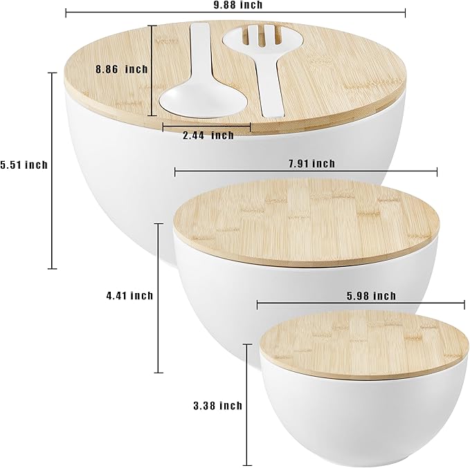 Large Salad Bowls with Bamboo Lids Set of 3, Mixing Nesting Bowls Round Serving Bowls with Servers for Salads, Kitchen Eating, Pastas, Popcorn, Chips, Trifle, Fruit, Food Prepare (White,10",8",6" )