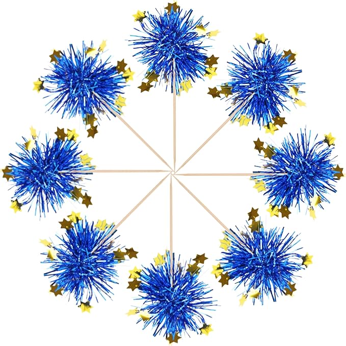 30 PCS Foil Firework Cupcake Toppers Happy Birthday Star Cupcake Picks Sparkle Tinsel Drink Stirrers Cocktail Fruit Toothpicks for Valentine's Day Wedding Birthday Party Decorations Supplies Blue