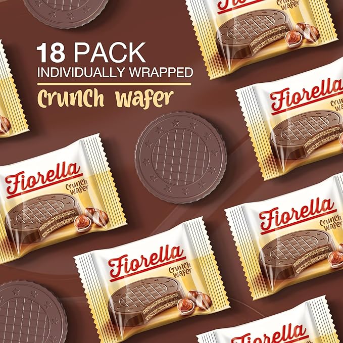Fiorella Crunch Wafer Cookies - Delicious Chocolate Covered Crispy Thin Wafers with Layers of Hazelnut Cream Filling, Individually Wrapped, Perfect for Snacks, (Pack of 18)