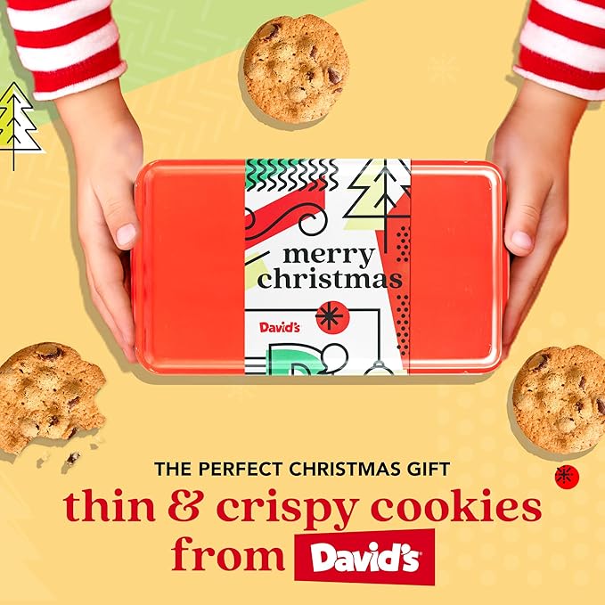 David's Cookies Merry Christmas Thin And Crispy Cookies in Mini Sweet Sampler Tin – Delicious Gourmet Crunchy Cookies, Festive Food Gift For Friends, Family – Christmas Treats For Holiday Gatherings