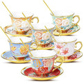 Tea Cups and Saucers Sets of 6, 8 Oz Floral Tea Cups with Spoons Ceramic Cup and Saucer Set for Cappuccino, Espresso, Coffee, Cafe, Latte, Tea for Tea Birthday