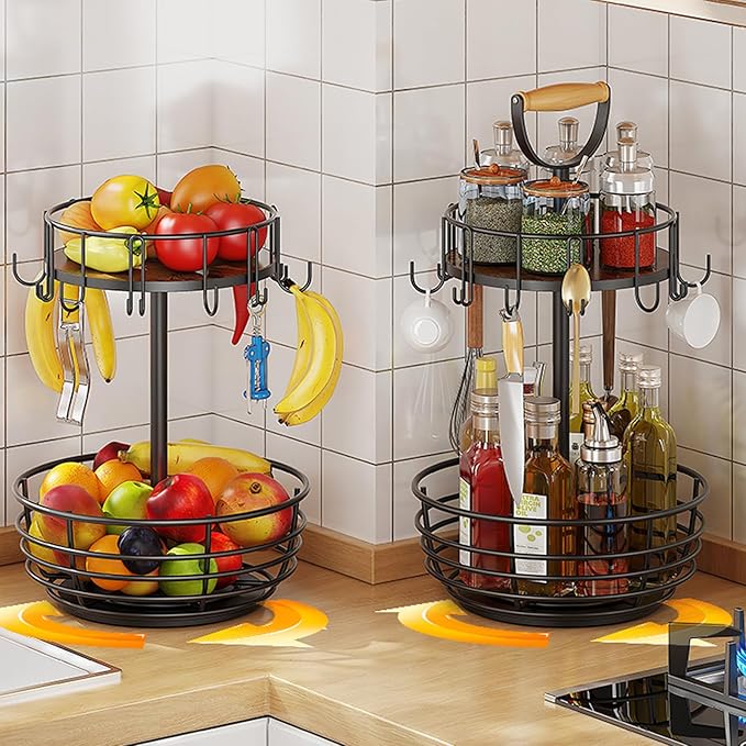Coffee Mug Holder, 2 Tier Coffee Cup Holder with Hooks, Rotatable Mug Rack Organizer with Cup Pods & Saucer Basket for Bar Kitchen Counter