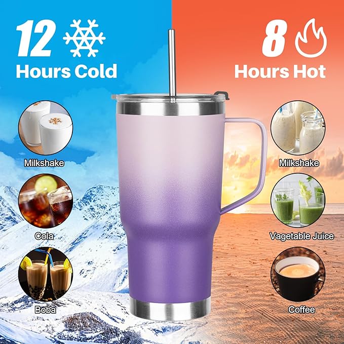 20 oz Tumbler with Handle, Stainless Steel Insulated Tumbler with Lid and Straw, Double Wall Vacuum Coffee Mug Tumbler, Insulated Coffee Thermal Cup for Cold and Hot (Light Dark Purple, 20, ounces)