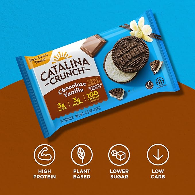Catalina Crunch Protein Cookies, 4g Protein per Serving - Low-Sugar Sandwich Cookies - Gluten Free, Vegan - Keto Dessert Snacks - Chocolate Vanilla, 8.9 oz. (21 Count)