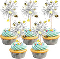 30 PCS Foil Firework Cupcake Toppers Happy Birthday Star Cupcake Picks Sparkle Tinsel Drink Stirrers Cocktail Fruit Toothpicks for Valentine's Day Wedding Birthday Party Decorations Supplies Silver
