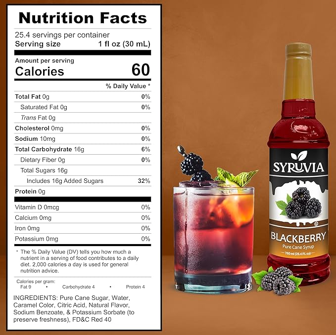 Syruvia Blackberry Syrup - 25.4 fl oz. Kosher and Gluten-Free. Ideal for Enhancing Drinks, Sodas, Shakes, Desserts, and More.