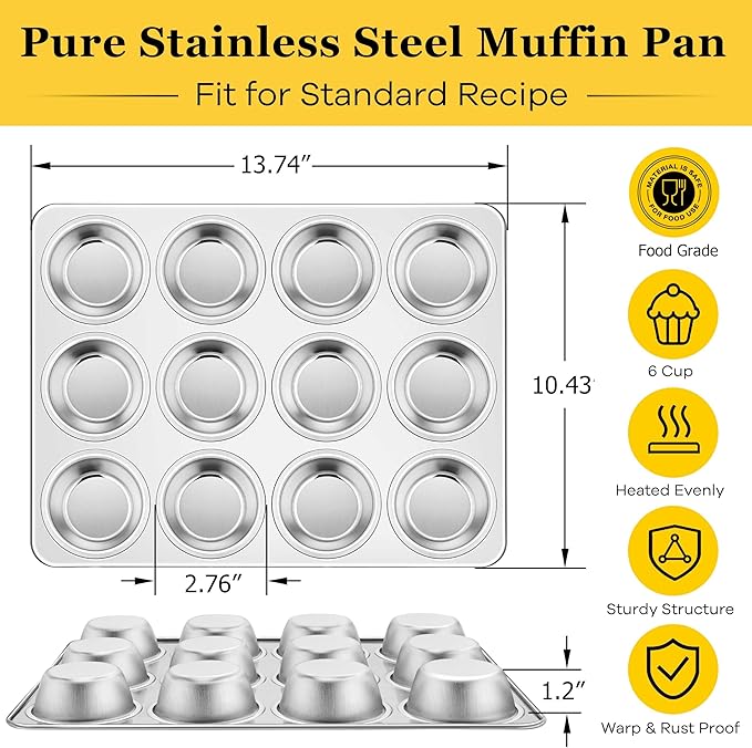 Homikit 2 Pack Muffin Pan, Stainless Steel Cupcake Tin with 12 Cups Regular Size, 13.8" x 10.4" Nonstick Metal Egg Bites Tray for Oven Baking, Non Toxic & Rust Free, Easy Release & Dishwasher Safe