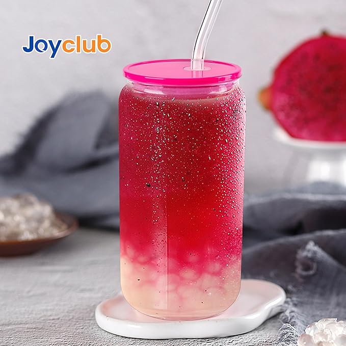 Joyclub 4pcs Glass Cups with Acrylic Lids and Straws 16 oz Can Shaped Glass Iced Coffee Cups with Lids and Straws, Cute Tumbler Cup Drinking Glasses for Smoothie Whiskey Boba Soda Tea Gift
