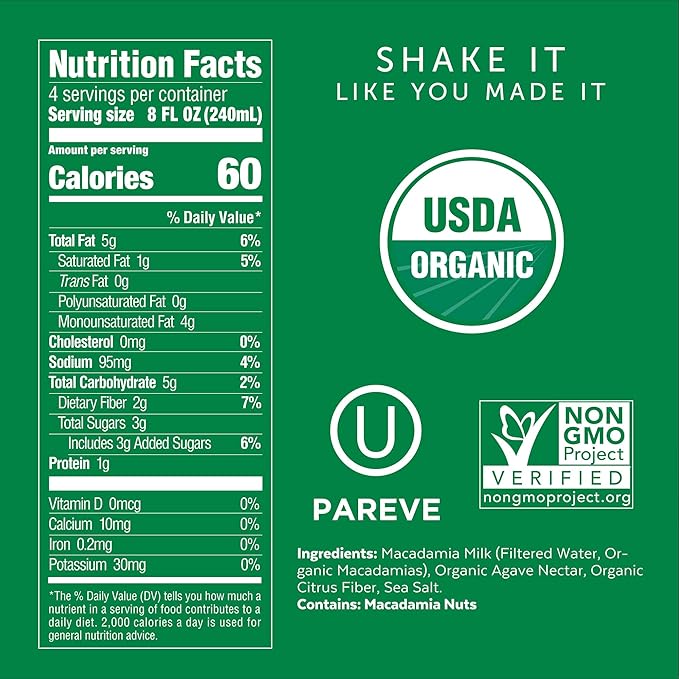Milkadamia Macadamia Milk, Kosher, USDA Certified Organic, Gluten Free & Non-GMO, 32 Fluid Ounce (Pack of 6)