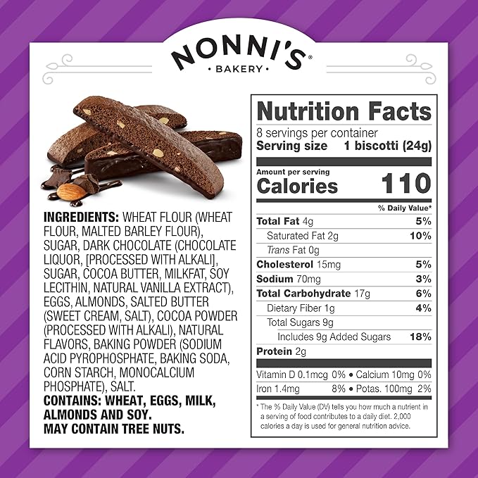 Nonni's Dark Chocolate Almond Biscotti Italian Cookies - 2 Boxes Dark Chocolate Cookies - Biscotti Individually Wrapped Cookies - Italian Biscotti Cookies w/Bittersweet Chocolate & Almonds - 6.88 oz