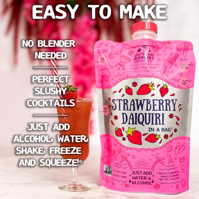 Lt. Blender's Strawberry Daiquiri in a Bag – Strawberry Daiquiri Mix - Each Bag Makes 1/2 Gallon - Non-GMO – No Daiquiri Machine Needed - Make a Cocktail, Wine Slushie or Mocktail - (Pack of 1)