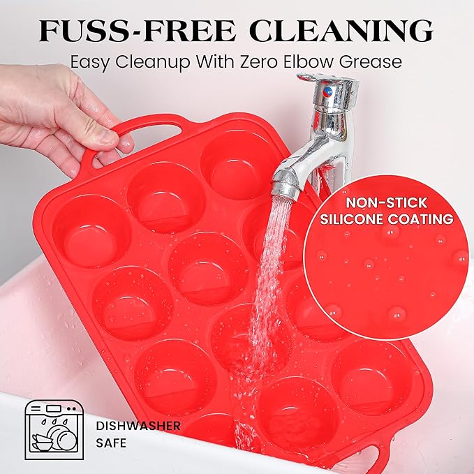 3 Pcs Silicone Baking Pan Set - Including 1 Pc Mini Loaf Pan, 1 Pc Standard Muffin Pan and 1 Pc Mini Muffin Pan - Silicone Cupcake Molds With Metal Reinforced Frame (Red)