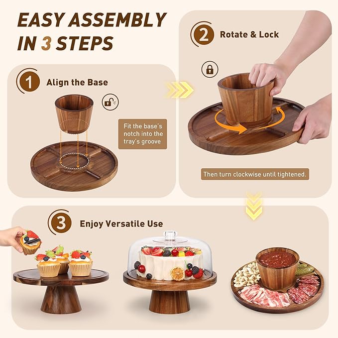 Bellsal Acacia Wood Cake Stand with Lid - 12in Round Cake Holder, 2-in-1 Dessert Table Display Set & Charcuterie Board for Cheese, Chips & Dips, Nachos, Fruit Platter, Large Acrylic Cake Dome Cover