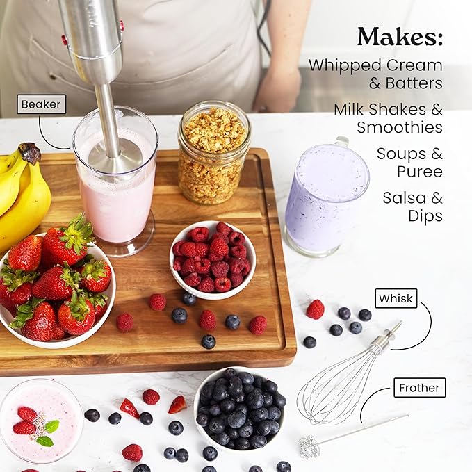 Zulay 4-in-1 Immersion Stick Mixer Hand Blender - 800 Watts, 12 Speeds, 5-ft Power Electric Cord, Handheld Portable, Stainless Steel Blades - With Whisk, Frother & Stick Blender Attachments - Red