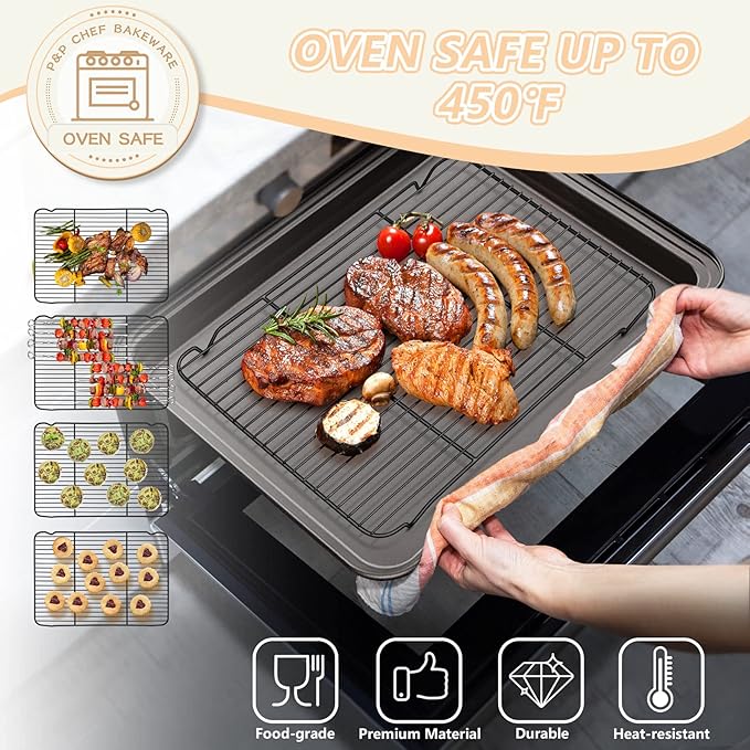 P&P CHEF Cooling Baking Rack Pack of 2, Stainless Steel Cooling Racks for Cooking Baking Roasting Grilling Drying, Dense Wires & Smooth Edge, Easy to clean, Black, 16.6" x 11.5"
