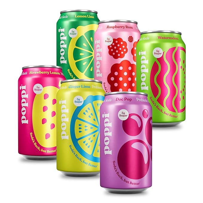 Poppi Sparkling Prebiotic Soda Beverage with Apple Cider Vinegar, Seltzer Water and Fruit Juice, Party Starters Variety Pack, 12 Fl Oz, Pack of 12, Packaging May Vary