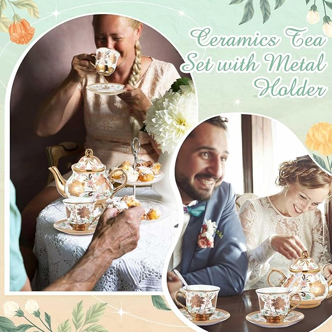 Zhehao 20 Pcs Porcelain Tea Set with Metal Holder and Spoon Adult Ceramic Tea Party Set European Flower Painting Teapot Cup Saucer Spoon Set for Women, Large Version(Elegant Style)