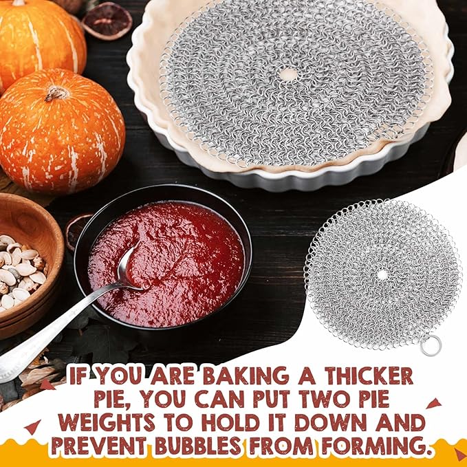Patelai 2 Pcs Stainless Steel Pie Weights for Baking Universal Fit Pie Weight for 7-10 Inch Pies Round Metal Pies Weights Chain Dishwasher Safe Durable Blind Baking Dough Cooking Pastry (8 Inch)