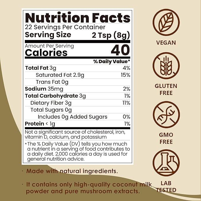 Mushroom Coffee Creamer, Vanilla Coconut Creamer, 5 Mushrooms and Ceylon Cinnamon Powder | Lion's Mane, Turkey Tail, Reishi, Maitake, Chaga, Cordyceps | Upgraded Formulation, Easy to Enjoy | 6.35 Oz
