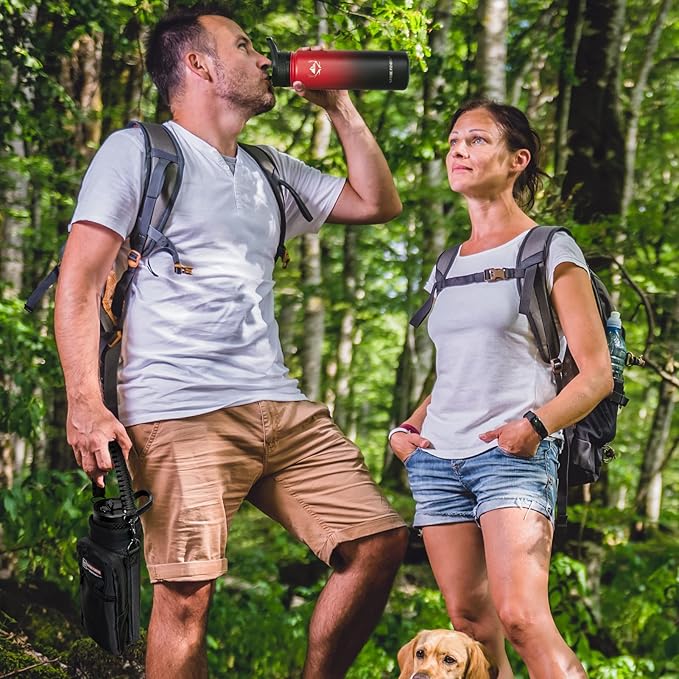 NATURE PIONEOR Insulated Water Bottles with Straw - 24oz Stainless Steel Vacuum Bottle with Holder/Carrier/Sleeve - Reusable 18/8 Food Grade 24 oz Water Jug