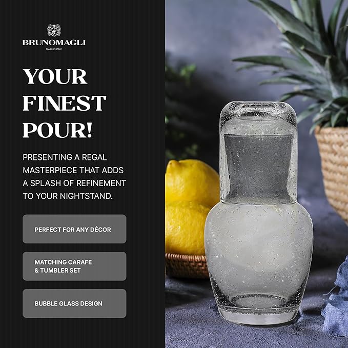 Bruno Magli Bubble Carafe | 2-Pc Set | Drinking Glass Tumbler Doubles as a Lid | Water Pitcher with Matching Cup for Office, Nightstand, Home, & Guest Room Décor | Gift Boxed | 28-Oz (Gray)