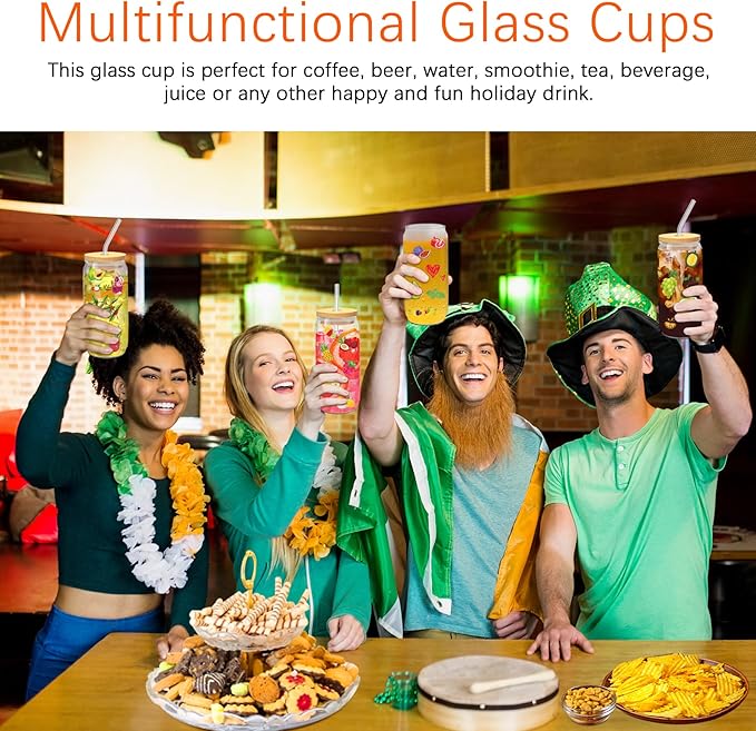 Glass Cups with Lids and Straws 20 Pcs 16 oz Ice Coffee Cup Skinny and Long Can Beer Cups Set Drinking Glasses with Bamboo Lids Reusable Glass Cups Ideal for Smoothies & Beverages