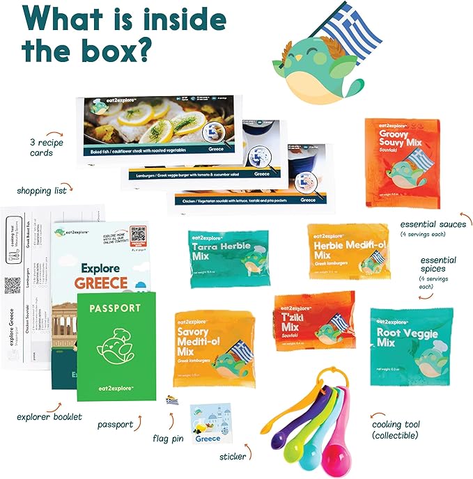 eat2explore Cooking Kits for Kids – Interactive & Educational Kids Cooking Sets Real for Ages 5 and Up,3 Recipe Cards & Global Ingredients – Fun Gift for Young Chefs (Greece Edition)
