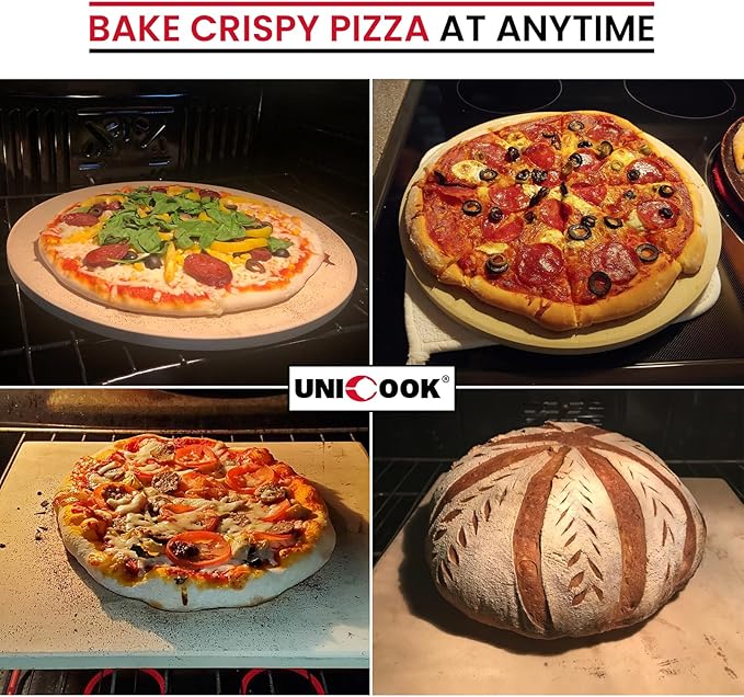 Unicook Pizza Stone for Oven and Grill, 11 Inch Square Baking Stone for Bread, Small Cordierite Oven Grill Pizza Pan, Thermal Shock Resistant, Including Dough Scraper