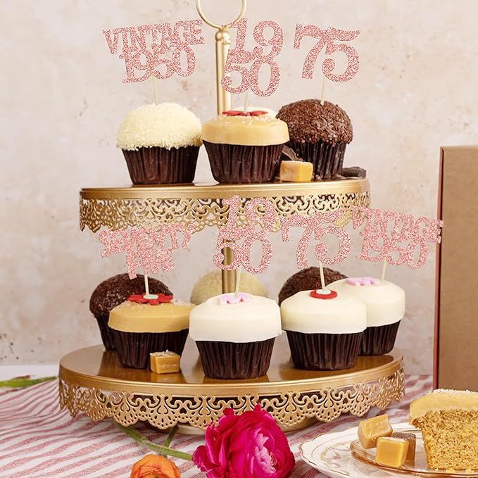 Gyufise 24Pcs 75th Birthday Cupcake Toppers Glitter Cheers to 75 Fabulous Seventy Five Vintage 1950 Cupcake Picks 75th Birthday Wedding Anniversary Party Cake Decorations Supplies Rose Gold