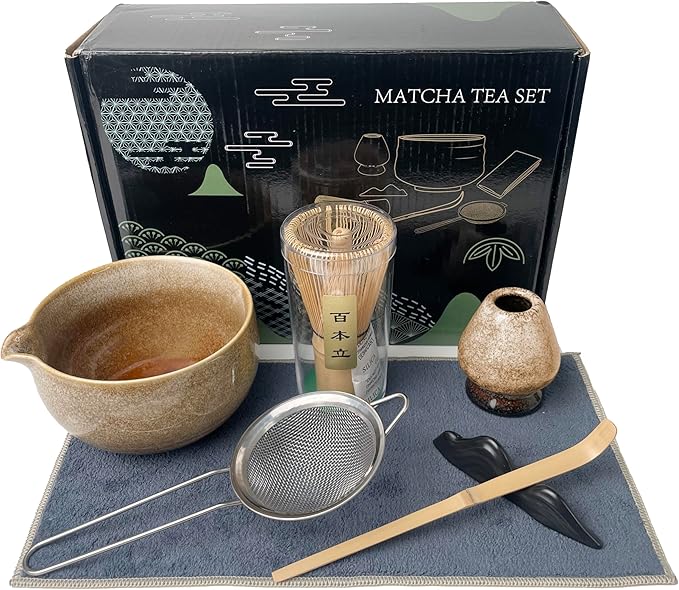 Matcha Tea Set (7pcs) - Matcha Whisk Set with Bowl, Whisk Holder, and Pouring Spout Bowl, Perfect Matcha Starter Kit for Tea Ceremony (Amber Sand)