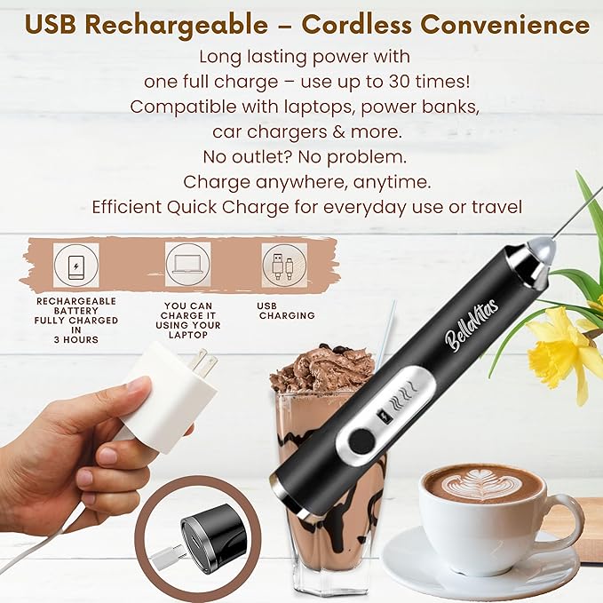 Rechargeable Handheld Milk Frother, Coffee Frother Wand with Stand and 2 Stainless Steel Whisks, Portable Mixer and Foamer, 3 Speed Whisk for Latte, Cappuccino, Matcha, Cocoa, Eggs, Black-1