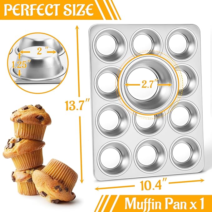 E-far Muffin Pan 12-Cup, Stainless Steel Cupcake Pan Metal Muffin Baking Tins for Oven, Regular Size & Easy Clean, Non-toxic & Dishwasher Safe