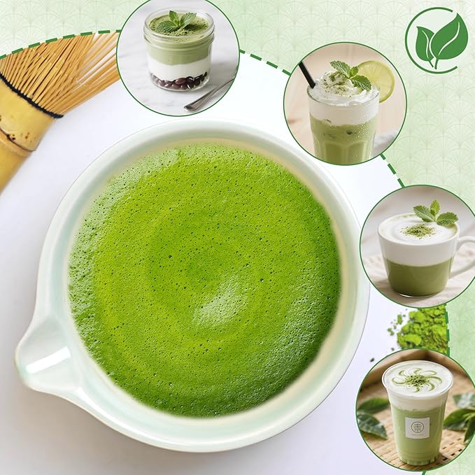 Matcha Whisk Set, 7 Pcs Ceramic Matcha Kit, Matcha Bowl with Spout, Matcha Whisk, Holder, Stainless Sifter, Bamboo Scoop and Tea Towel, Matcha Gift Set for Matcha Tea Lovers
