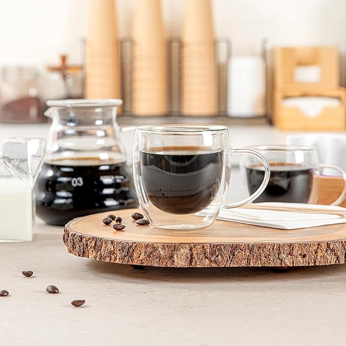 Restaurantware-Forma Professional 8.5 Ounce Glass Coffee Cups, 2 Insulated Coffee Cups With Handle - Dishwashable, Reusable, Clear Double Wall Beverage Tumblers, Freezable, For Hot Or Cold Beverages