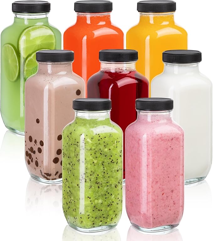 Juice Bottles with Lids, 16 Oz - Set of 8 - Clear Glass Jars with Caps - Reusable Empty Drink Containers for Juicing, Smoothies, Water, Milk, Kombucha Storage, Wellness Shots and More (8)
