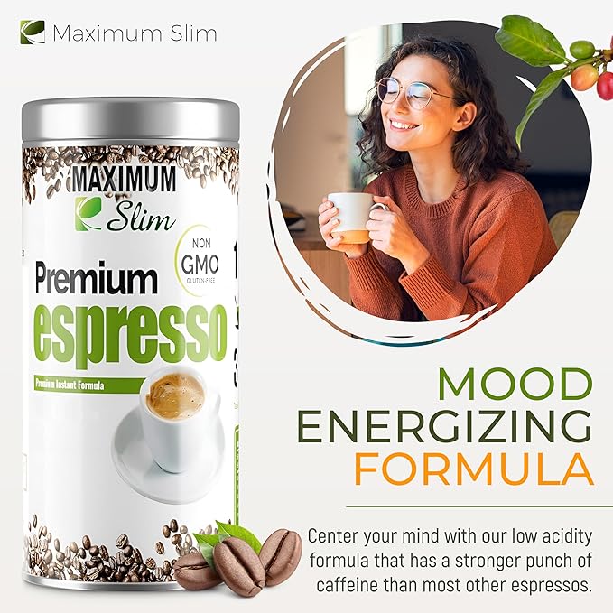 Maximum Slim Premio Instant Espresso Powder – Bold & Rich Flavor 100% Arabica Beans - Non-GMO, Gluten-Free – Premium Medium Roast Coffee 14.1 oz Resealable Jar = Café Instantáneo