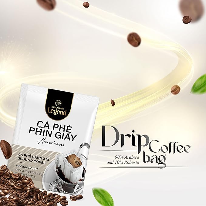TRUNG NGUYEN LEGEND AMERICANO Signature Hand Drip Coffee Bag, Single-Served Pour Over, Portable Filter Bag for Travelling & Camping, Energy Blend with Rich Flavorful Taste (10 Packets/Box)