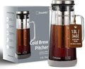 BrewMOO- Airtight Cold Brew Coffee Maker Pitcher, 1.0L/34Oz Thick Glass Carafe with Filter, Comfort Sturdy Handle & Wide Spout, Non-Slip Base | Iced Tea Maker (Grey)
