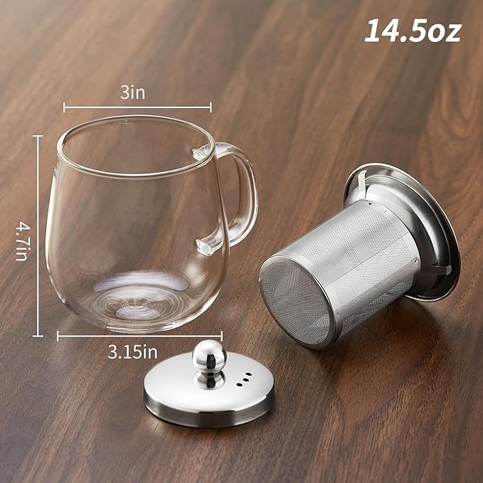 Glass Tea Cup with Infuser and Lid, 14.5oz/450ml Large Borosilicate Glass Teacup with Stailess Steel Filter, Clear Mug for Loose Leaf Blooming Tea, Dishwasher Safe - Tea Maker Gift