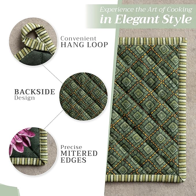 Maison d' Hermine Pot Holders Set 100% Cotton Heat Resistant Potholders 8" x 8" Hot Pads with Loop BBQ, Cooking, Baking, Grilling, Kitchen, Handling Hot Pans (Pack of 2, Pumpkin Garden - Dark Green)