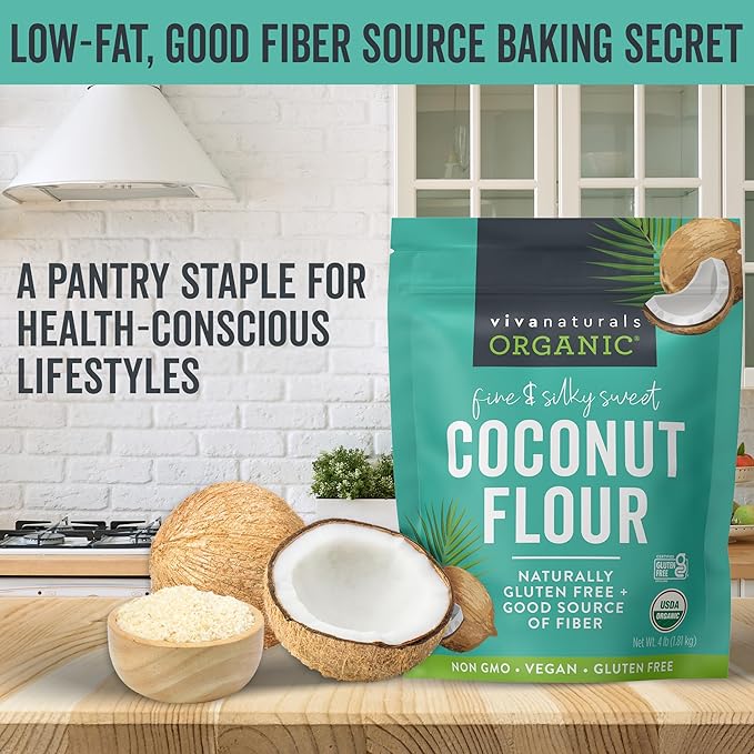 Viva Naturals Organic Coconut Flour, 4 lbs (1.81 kg) – Gluten Free Flour for Keto, Paleo & Vegan Baking, Good Source of Fiber, Low Fat, Non-GMO, Unbleached & Unrefined