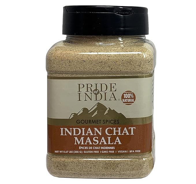 Pride of India – Indian Chat Masala Seasoning Spice – Ideal for Savory Dishes – Perfect Seasoning for Drinks/Salads/Fruits – Preservatives Free – Easy to Store – 8oz. Medium Dual Sifter Jar
