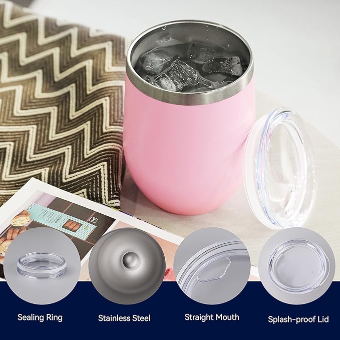 DOMICARE Stainless Steel Wine Tumbler Bulk with Lid, Personalized Insulated Tumblers Set, 12oz Travel Coffee Cups Pack of 12, Pink