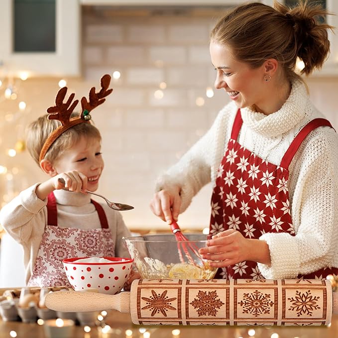 17" Premium Wood Rolling Pin with Snowflake Embossed Designs | 3mm Deep Springerle Cookie Molds | Christmas Rolling Pin & Baking Gifts for Women | Includes 3-in-1 Cleaning Brush