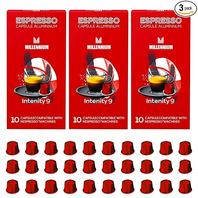 Prince Caffe Espresso Pods –Millennium Intensity 9, Medium-Dark Roast, The Espresso Coffee Pods Are Compatible with Nespresso Original Line Machines, 30 Count (3 x 10 Capsules) Premium Quality Coffee Capsules.