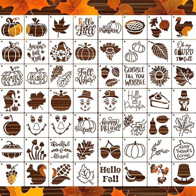 3inch Fall Stencils for Painting on Wood 56pcs Pumpkin Stencil Autumn Leaf Turkey Scarecrow Gnome Draw Templates for Wood Signs DIY Crafts Canvas Tier Tray Decor