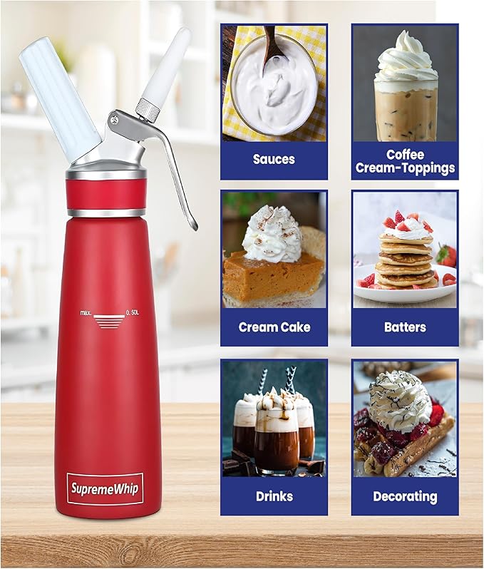 PRO Cream Dispenser, Durable High-Grip, Metal Lid with Rubber, 3 Nozzles, for Hot/Cold Use, Cleaning Brush Included, Red - 500 ml / 1 Pint